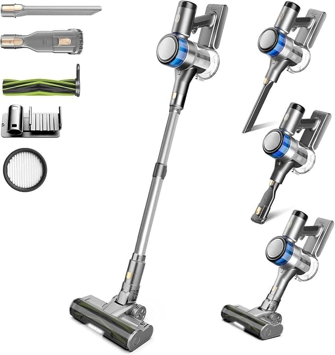 Dzaki Aspirapolvere Senza Fili, Scopa Elettrica Senza Fili Potente 45Kpa, 55Min Autonomia, Batteria Rimovibile, Display LED per Peli Animali Tappeti Pavimenti