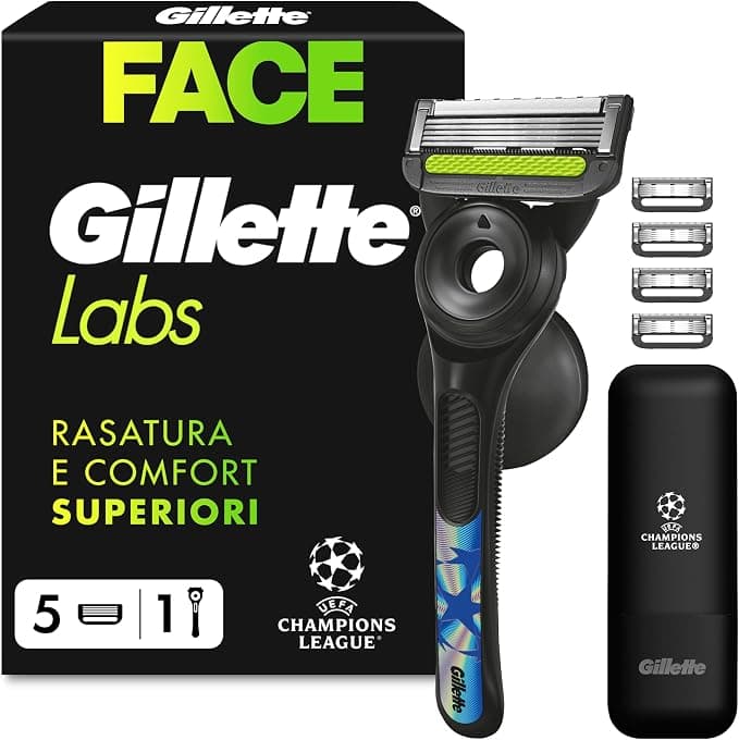 Gillette Uefa Champions League Special Edition Gillettelabs Rasoio a Mano Libera con Barra Esfoliante Champion Gold Edition, 1 Manico + 5 Lamette di Ricambio, Gancio da Parete e Custodia da Viaggio